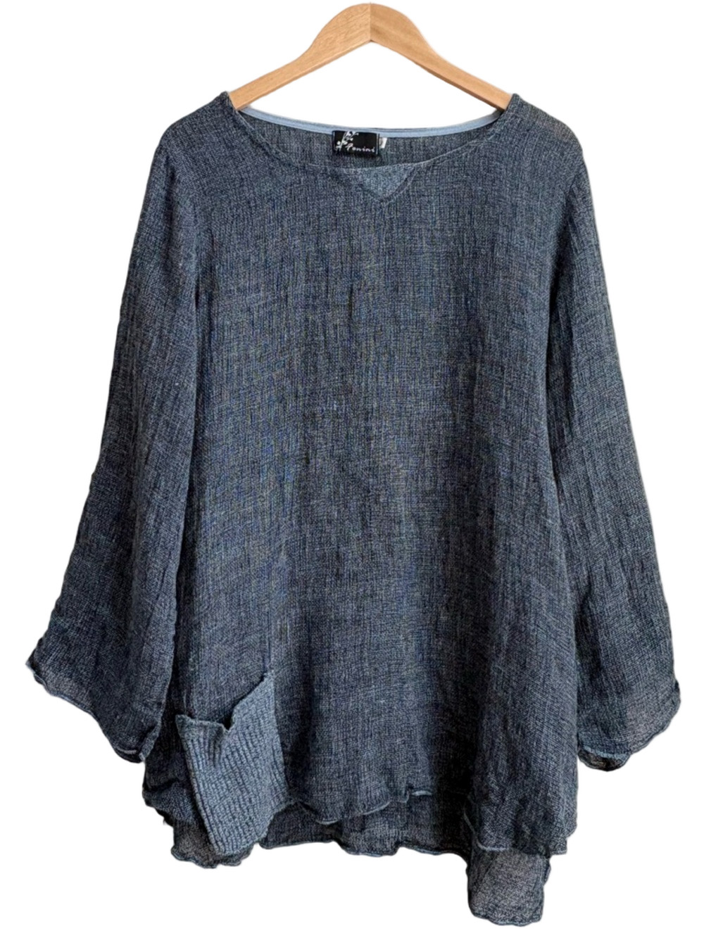 FENINI 100% woven Linen Slate blue tunic top blouse long sleeve shirt size L